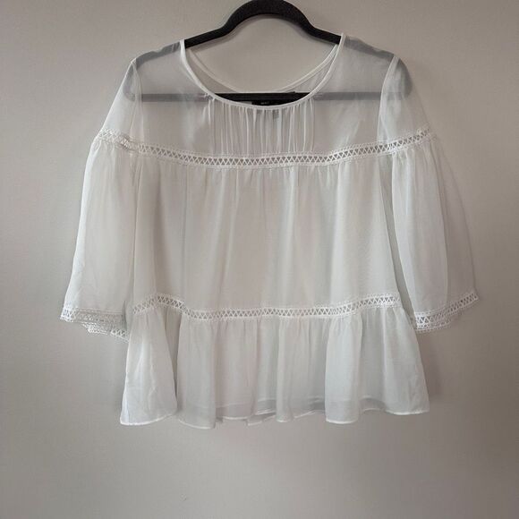 White Flowy Tiered Sheer Layered Bohemian Top M - Picture 10 of 11